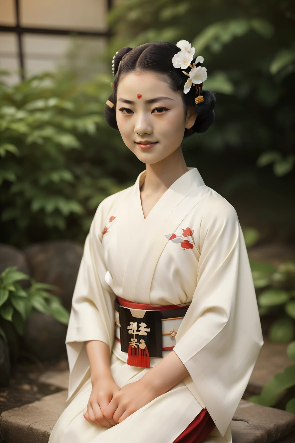 Kioto, 1934. A young (((()) Sayuri)), strikingly beautiful, delicate facial features, porcelain skin, expressive eyes, in a garden, ((shy smile)), ((((geisha clothings from the 1930s)))), ((geisha hairstyle of the 1930s)), colorful