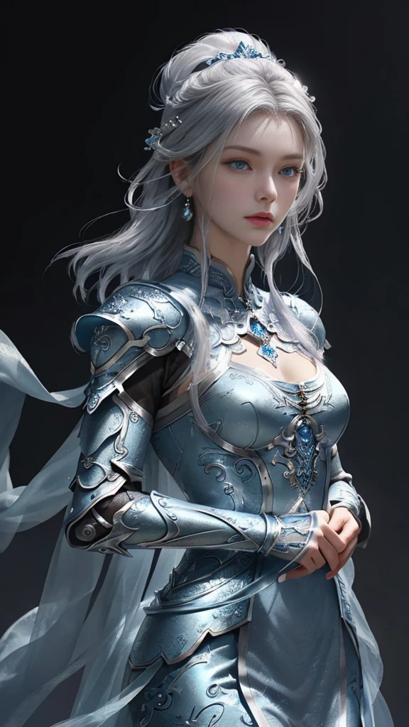 Close up of woman in silver and blue dress, chengwei pan on artstation, author：Yang Jie, Detailed fantasy art, Stunning character art, Fan Art Best Artstation, Epic and beautiful character art, Beautiful armor, Extremely detailed artger, Detailed digital animation art, artgerm on artstation pixiv, Armor Girl, Cruel beauty,Tall girl,short hair, Silver Hair,Accurately express details such as facial and skin texture,beautiful eyes, Blue Eyes,double eyelids,Delicate skin,Slender body type,Solitary,Mid-chest,
