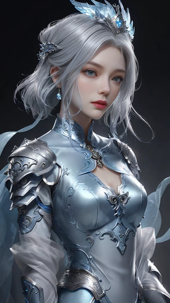 Close up of woman in silver and blue dress, chengwei pan on artstation, author：Yang Jie, Detailed fantasy art, Stunning character art, Fan Art Best Artstation, Epic and beautiful character art, Beautiful armor, Extremely detailed artger, Detailed digital animation art, artgerm on artstation pixiv, Armor Girl, Cruel beauty,Tall girl,short hair, Silver Hair,Accurately express details such as facial and skin texture,beautiful eyes, Blue Eyes,double eyelids,Delicate skin,Slender body type,Solitary,Mid-chest,