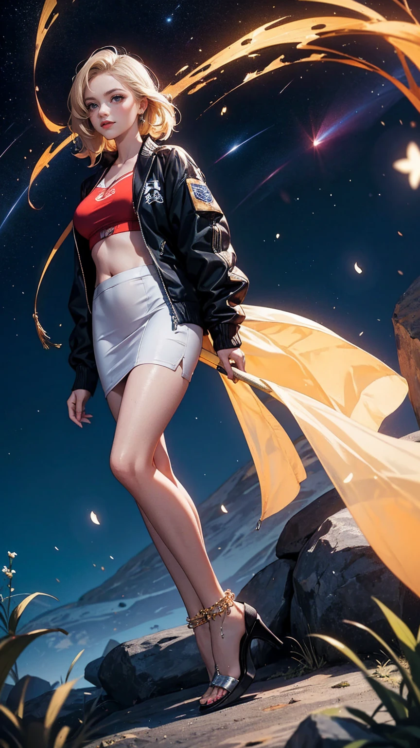 ((最high quality, 8K, masterpiece: 1.3, Ultra HD, high quality, 最high quality, High resolution, realism)) 、25-year-old Caucasian female、Platinum Blonde、blue eyes、long hair、smile、slender、A voluptuous, feminine body、I want my head to stay off screen、手首にアクセサリーapply、Wearing red nail polish、I have a peticure、anklet((anklet))apply、Midriff Jacket((midriff jacket))wear、pencil skirt((pencil skirt))Wear、Wear stiletto heels、Wear black stockings、I&#39;m on the top of a mountain with a fantastic and wonderful night sky.、Shooting stars are flowing