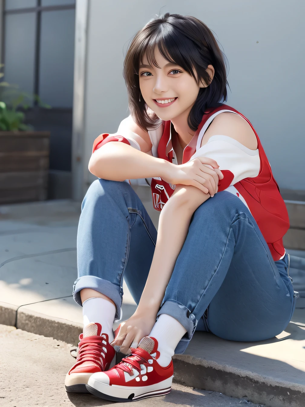 8k, Realistic, RAW Photos, highest quality:1.4), (Realistic face), (Black Hair、short hair、Beautiful Hairstyles、ear piercing、, smile、Beautiful teeth alignment、Beautiful little blue eyes, (Realistic skin texture), (Beautiful Skin),charm, Ultra-high resolution, Ultra-Realistic Skin, (Natural light)、Golden Ratio, ((smile)), ((full body shot)), (((Red trainer)))、((Skinny jeans、sneakers) Putting on socks、Information Information

