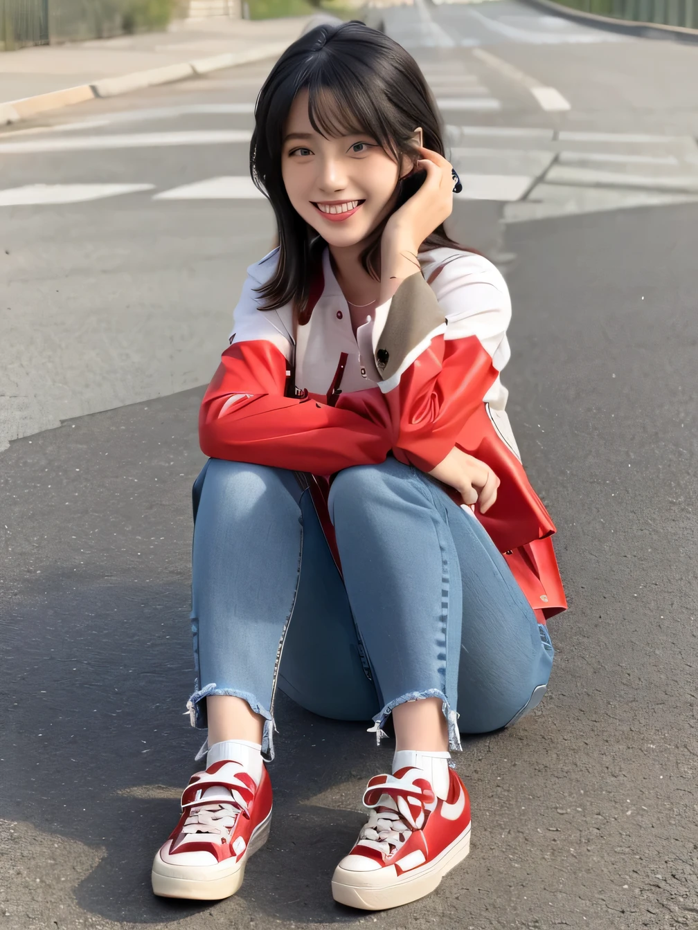 8k, Realistic, RAW Photos, highest quality:1.4), (Realistic face), (Black Hair、short hair、Beautiful Hairstyles、ear piercing、, smile、Beautiful teeth alignment、Beautiful little blue eyes, (Realistic skin texture), (Beautiful Skin),charm, Ultra-high resolution, Ultra-Realistic Skin, (Natural light)、Golden Ratio, ((smile)), ((full body shot)), (((Red trainer)))、((Skinny jeans、sneakers) Putting on socks、Information Information

