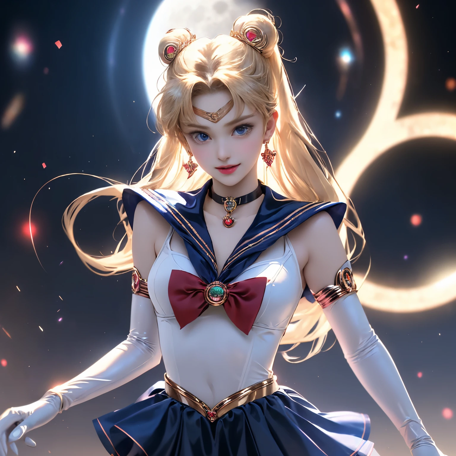masterpiece, full: 1.3, Standing, 8K, 3d, Practical, Ultra-micro shooting, Top quality, Extremely detailed CG Unity 8K wallpaper, From below, Intricate details, (1 female), 18 years old, (Sailor Moon supersailormoon mer1, crown, Sailor Soldier Sailor Suit: 1.2, Sailor Moon: 1.2), 难以置信的长明亮Double tail金发女郎, Thin and very long straight twin-tailed blonde, bun, red round hair ornament in a bun, Sailor Senji, (blue collar, Blue sailor collar, Blue pre-gate miniskirt: 1.3, very large Red bow tie on the chest: 1.3, Long white latex gloves: 1.3, Wearing red gloves on the elbows, Very large Red bow tie behind the waist: 1.1, Cleavage looks huge, golden tiara, earrings细节: 1.5, bright blue eyes, Pretty Face, beautiful eyes, shining eyes, Thin lips: 1.5, Thin and sharp pale eyebrows, long, black eyelashes, double eyelashes), luxurious golden jewelry, Thin, Thin and muscular, Small face, Large Breasts, Perfect proportion, thin waist, sexy model pose, Visible pores, seductive smile, Perfect hands: 1.5, High Leg Swimsuit, very Thin and fit high-gloss white holographic leather, Octane Rendering, Very dramatic image, strong natural light, Sunlight, Exquisite light and shadow, Dynamic angle, DSLR camera, Sharp focus: 1.0, Maximum clarity and clarity, (space background,moon, dynamic background, Detailed background),(brother, Double the goodness, Double tail, #5: Parted Bangs, a roundabout, jewelry, earrings, collar, Red bow tie, White gloves, Elbow gloves, Blue Skirt
),al-Qaeda