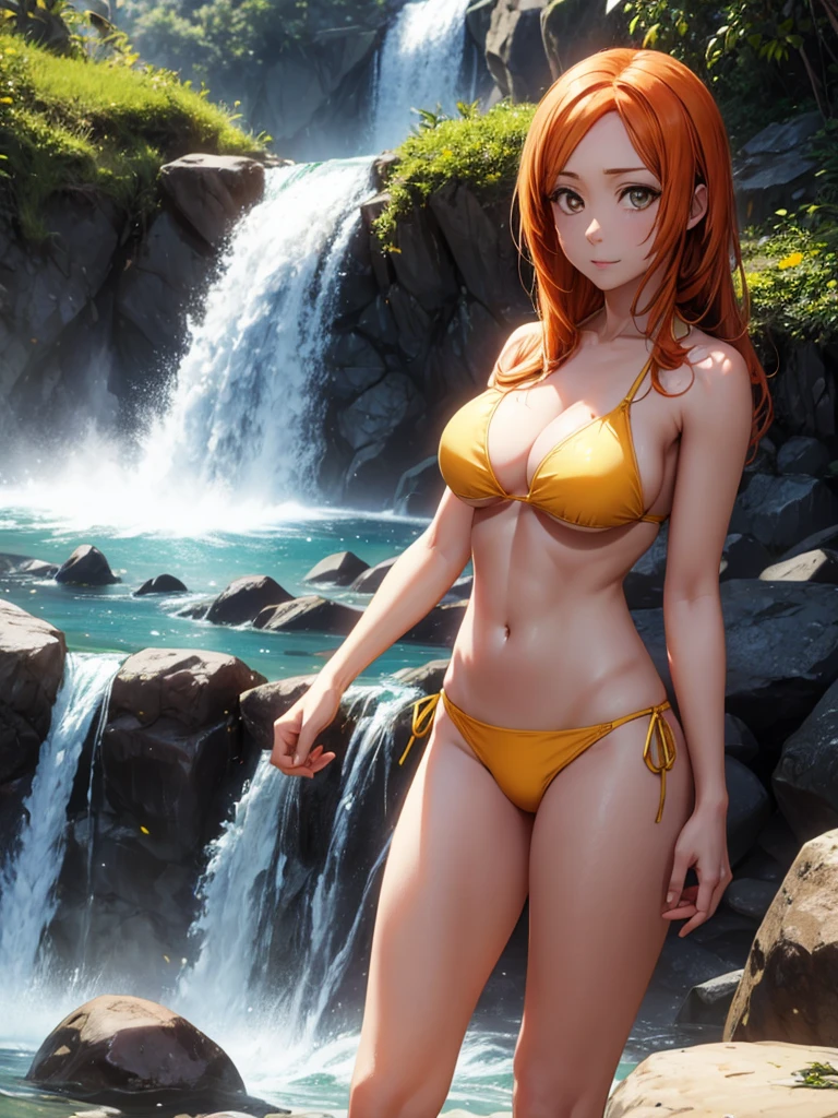 （8k, RAW photos, minino：1.1） ，female，（looki at viewer company），cowboy lens，Japanese，orihime inoue/ (bleach\），（yellow bikini：1.1），La Brett Piercing，cleavage，(((yellow bikini)))，Be red on the face, full body photo, standing, seductive, lean, muscular legs, muscular belly.orange hair，big breasts, Professional lighting、photon mapping、physics-based rendering、dark theme，in front of a waterfall