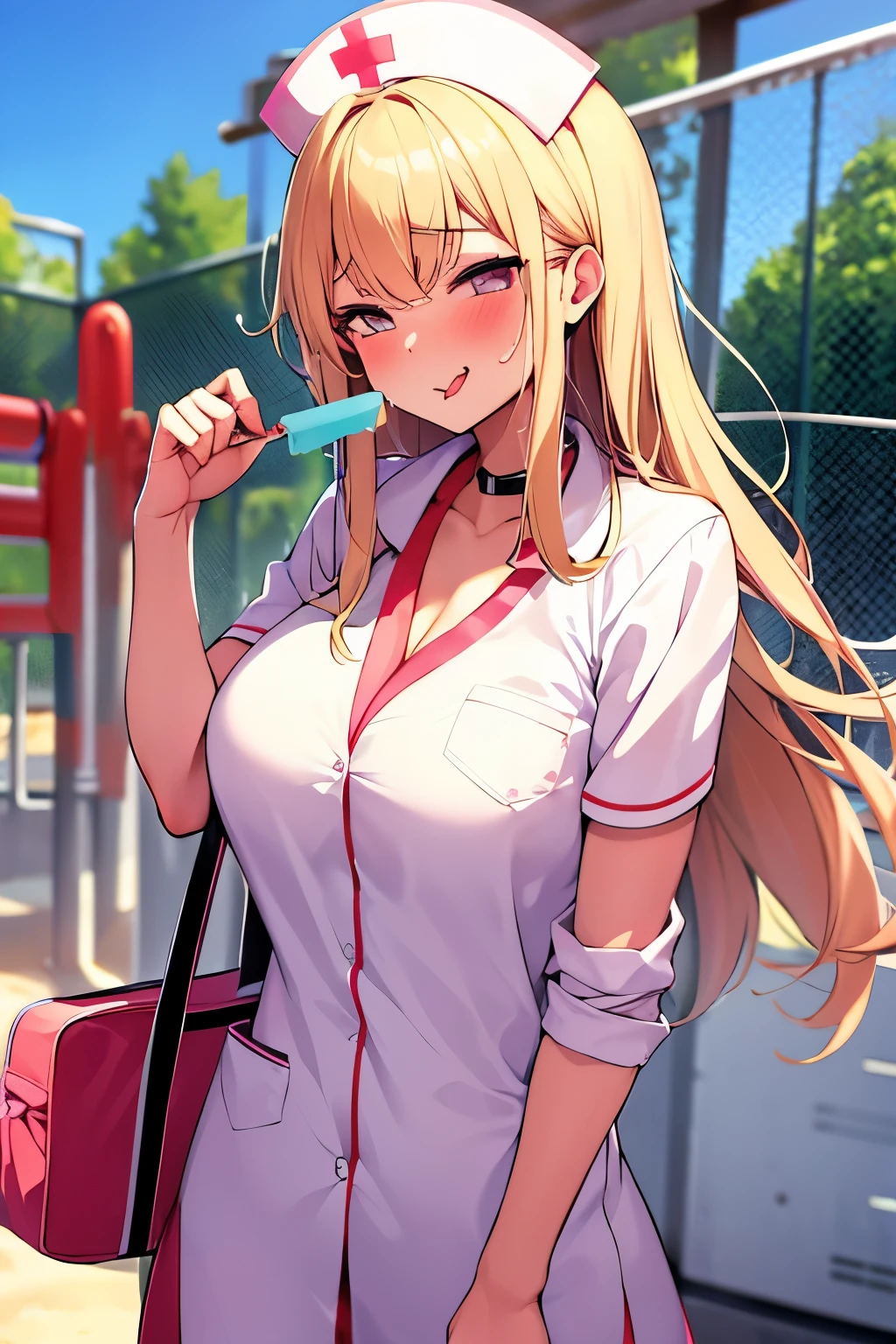 masterpiece,best quality,1girl,popsicle,popsicle_licking,blush,tongue, upper body,nurse suit,playground