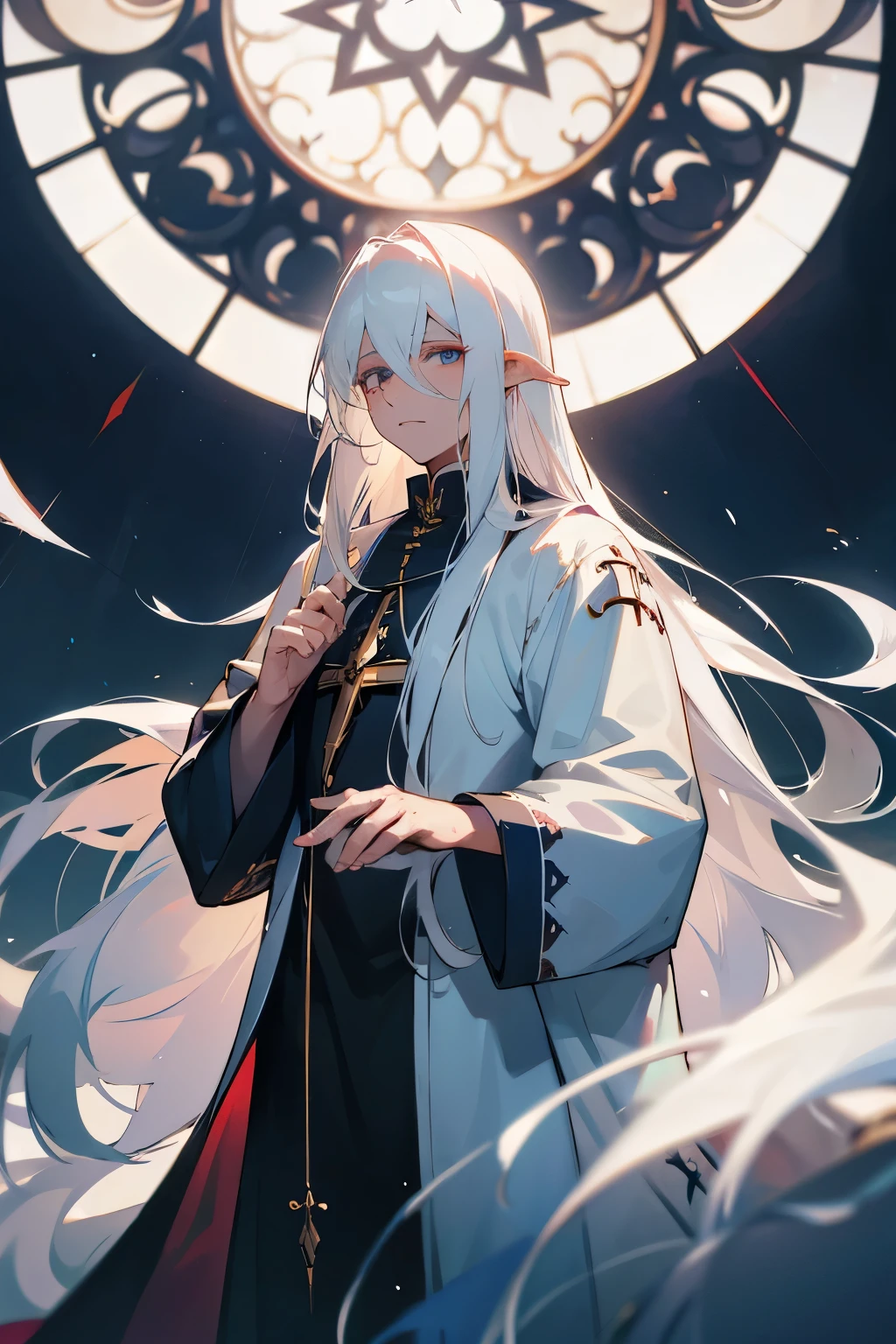 Aasimar, White hair, Man, long hair, priest