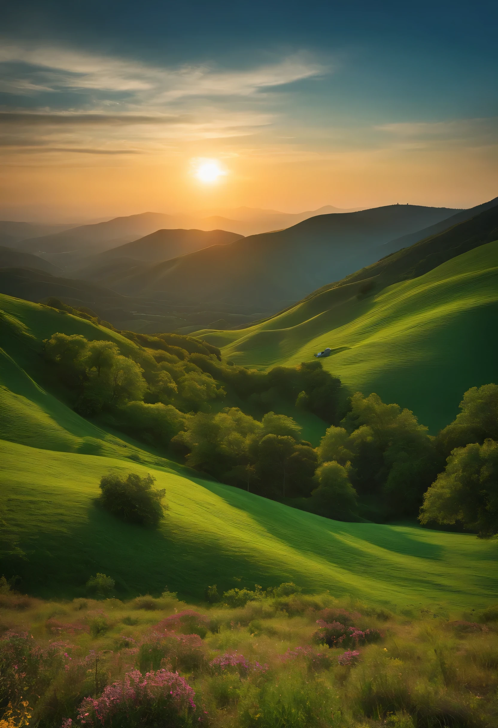 The blue sky meets the distant horizon and the green mountains surrounding the town, At this time the sun begins to stretch.