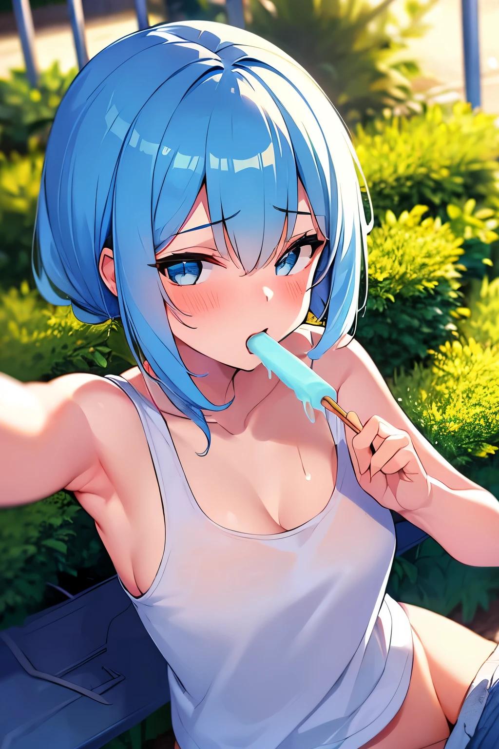 masterpiece,best quality,1girl,popsicle,popsicle_licking,blush,tongue, upper body,White sleeveless tank top，blue denim shorts,in garden