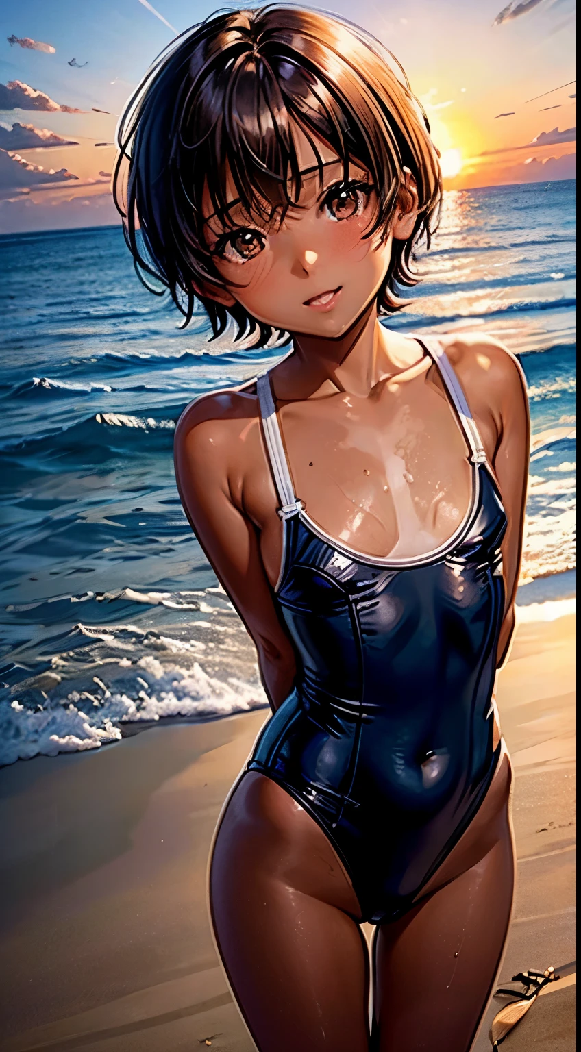 Tanned girl in a swimsuit standing on the beach、short hair，，Illuminated by the setting sun，Beautiful sunset，Look at the viewer and smile、Flat Chest，Put your arms behind your back