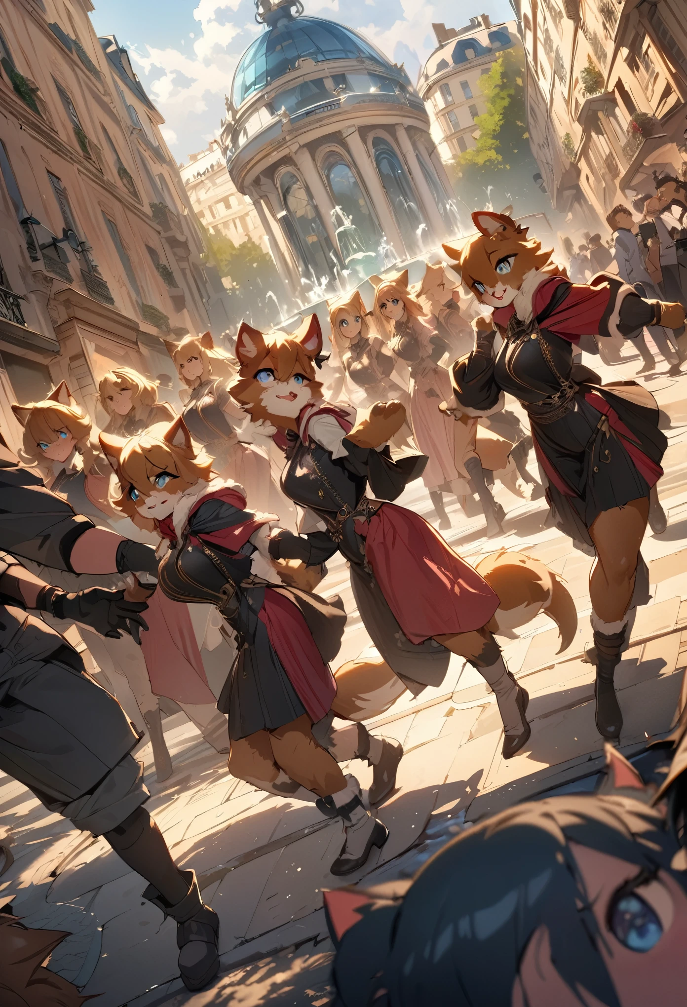 top quality, best quality, High-quality illustrations, masterpiece, super high resolution, detailed background, Streets of Paris, The fountain, 6+boys, 6+girls, absurdres(highly detailed beautiful face and eyes)perfect anatomy, expression, good lighting, cinematic shadow(kemono, furry anthro)assorted poses, dynamic angle,