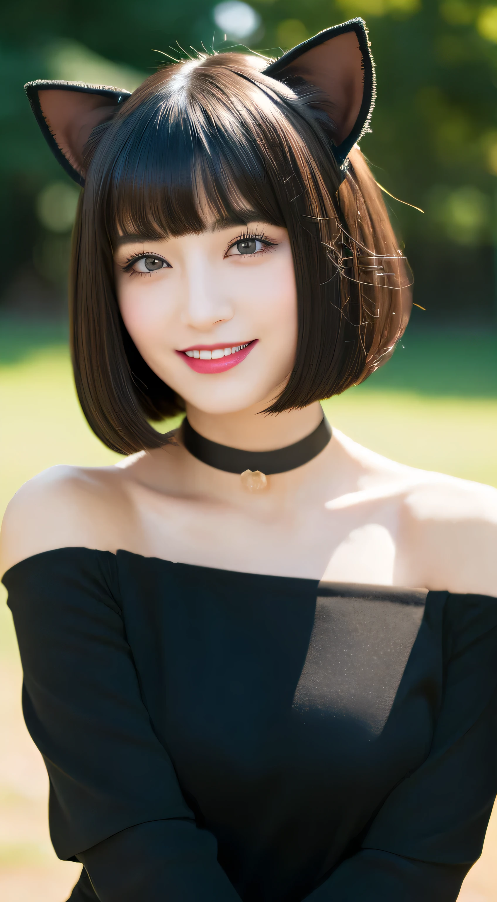 (highest quality, masterpiece, High resolution), (Reality),Cinematic light、Soft Light、Adult female, Black Hair,Bobcut, Black cat costume, hair ornaments, choker, Cat ears、 Captivating smile, Cute feminine pose, model