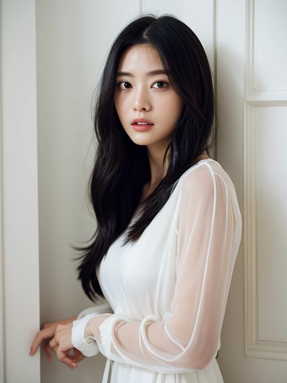 See-through tops、Long sleeve dress、Silky Hair、White wall、Taken in front of a white door、((highest quality、8k、masterpiece:1.3))、Ultra-high resolution、(photoGenuineistic:1.4)、RAW Photos、Japanese,(face)、Genuine、Photographed in natural light、Highly detailed face and skin texture、Highly detailed lips、The correct state of the human body、Medium Hair、Black Hair、Various poses、Natural color lip、bob hair