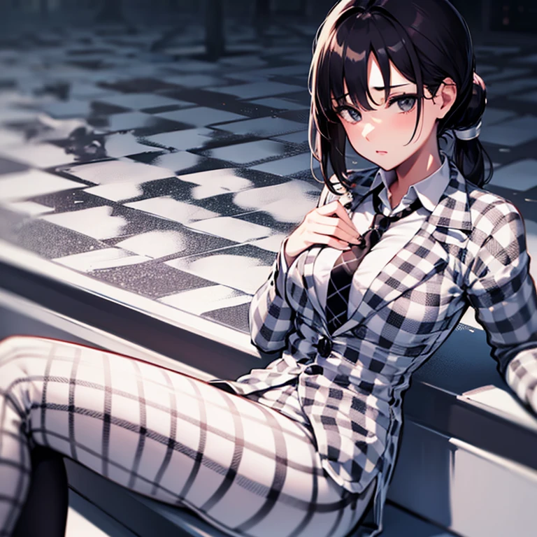 Girl in white checkered suit black leggings with neck tie looking at viewer black pony tail solo