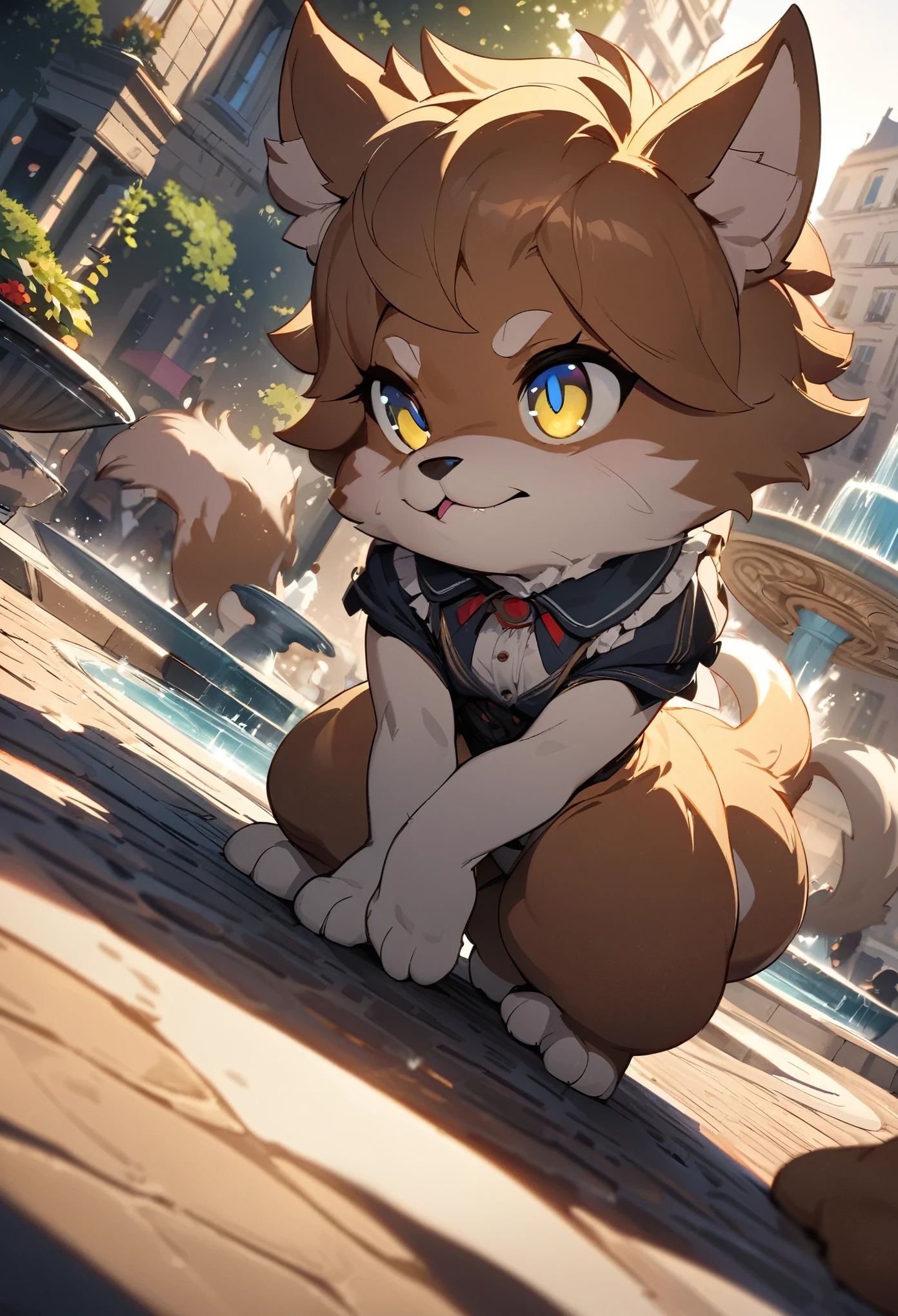top quality, best quality, High-quality illustrations, masterpiece, super high resolution, detailed background, Streets of Paris, The fountain, absurdres(highly detailed beautiful face and eyes)perfect anatomy, expression, good lighting, cinematic shadow(kemono, furry anthro)assorted poses, dynamic angle,
