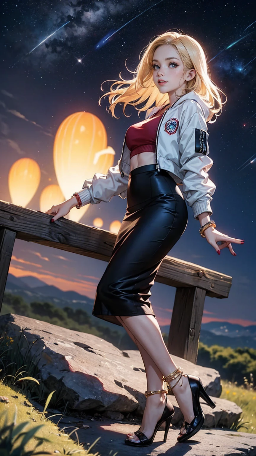 ((最high quality, 8K, masterpiece: 1.3, Ultra HD, high quality, 最high quality, High resolution, realism)) 、25-year-old Caucasian female、Platinum Blonde、blue eyes、long hair、smile、slender、A voluptuous, feminine body、I want my head to stay off screen、手首にアクセサリーapply、Wearing red nail polish、I have a peticure、anklet((anklet))apply、Midriff Jacket((midriff jacket))wear、pencil skirt((pencil skirt))Wear、Wear stiletto heels、Wear black stockings、I&#39;m on the top of a mountain with a fantastic and wonderful night sky.、Shooting stars are flowing、I can reach the stars