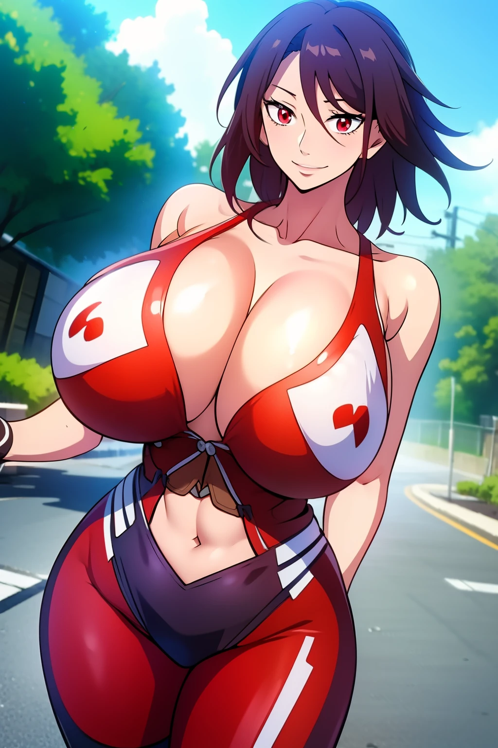 An anime-style artwork depicting Mizuki_Shiranui from the game Honkai star rail.

Tags: Mizuki_Shiranui, anime, detailed eyes, detailed lips, (fitness outfit:1.1), leggings, cleavage, smiling expression, intense gaze, footing, outdoor, running in the street, vibrant colors, digital art, high-resolution, professional quality, gigantic breasts, curvy, cowboy shot, (gigantic breasts: 1.4), (red eyes:1.4)