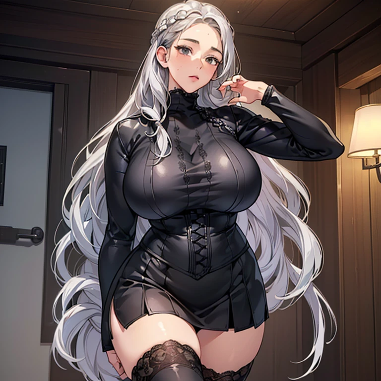(High resolution)),((Game CG)),(masterpiece),(highest quality), (Very detailed),shape,((Very delicate and beautiful)), , Very embarrassed look,Looking at the audience,(((18-year-old female)),((whole body)),Detailed face and eyes,Jewel-like eyes,(Loosely braided long hair),,,(Super huge breasts,Long and slightly saggy breasts,) Silver hair and black eyes Plump body Fully covering rubber suit, long sleeves with lace, mini skirt, black knee socks, skirt roll up, skirt lift, hiding breasts with both hands, self-portrait
