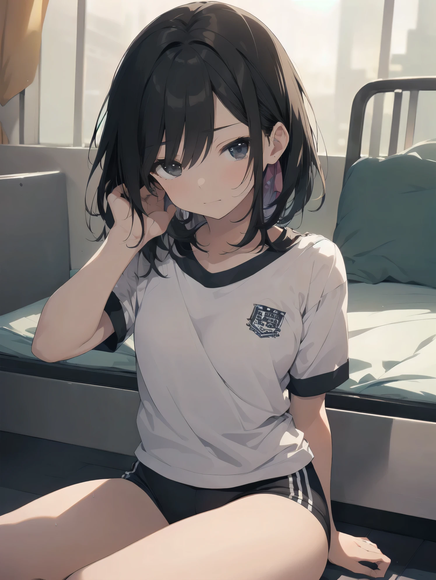 ultra-absurdres-Top quality by artist God, ultra-detailed, high resolution, anime moe artstyle, best anime 8k konachan wallpaper, pixiv contest winner, pool:544,eroe,perfect anatomy,break, 1girl, (Please draw a girl sitting on bed and in heat expression. )break,(Solo,little female, -yeld:1.Full limbs, complete fingers,a junior hihort hair), short cut, flat chest, , small butt, small black eyes, beautiful detailed eyes, well-proportioned iris and pupils, expressive eyes, highres detailed hair, blush, in heat, sweat, gym shirt, short sleeves, gym_uniform, gym shorts, pussy juice dripping from crotch, sitting, on bed, presenting, heavy breathing, (Detailed Lighting), (Detailed background), in the bedroom, break,shiny skin, super detailed skin, Best sexually suggestive lighting powered by famous artist, 8k,sexual illustration,photoshop_(medium),very aesthetic,break,((artist:kou_hiyoyo )), artist:akinashi yuu ,artist:oyari ashito ,artist:kantoku ,