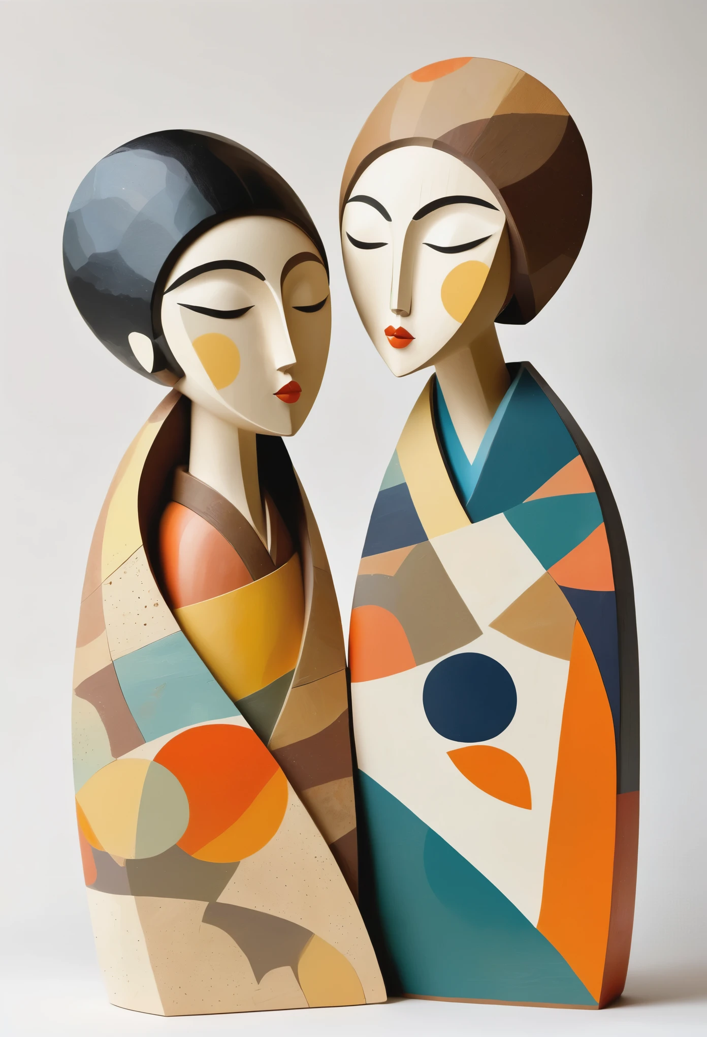 Colorful sculptures of Japanese women painted in earthy tones, Rough texture，Stale，Wearing a floral kimono, White background, John Klassen&#39;s Style. EArrangei and Morandi colors, organic shapes, Geometric patterns, The style of Shu Uemura. Paint drops on Matisse style wooden figures. cubism style, Art Deco, pop surrealist characters, folk inspired illustrations, pastel color palette, bright White background, No shadow.