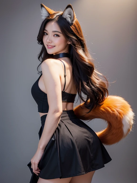 ((highest quality, 32k)), ((masterpiece)), (Familiar), Perfect Face, Fox Woman, Beautiful woman, public, She has a fluffy tail, She has a red fox&#39;s tail, She wags her tail, smile, Dog collar, She is wearing a tight skirt, Beautiful Hips, Big Butt, Showing off a big tail, A tail sticks out from under the skirt