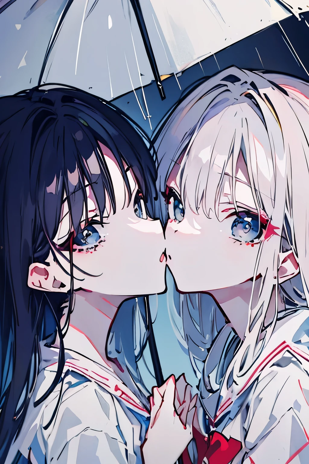 ((best quality)), ((masterpiece)), (detailed), perfect face high definition of anime couple kissing in the rain with umbrella in the background、Clean image quality、Perfect image quality、 highest quality、Perfect quality、Small eyes and small hands、