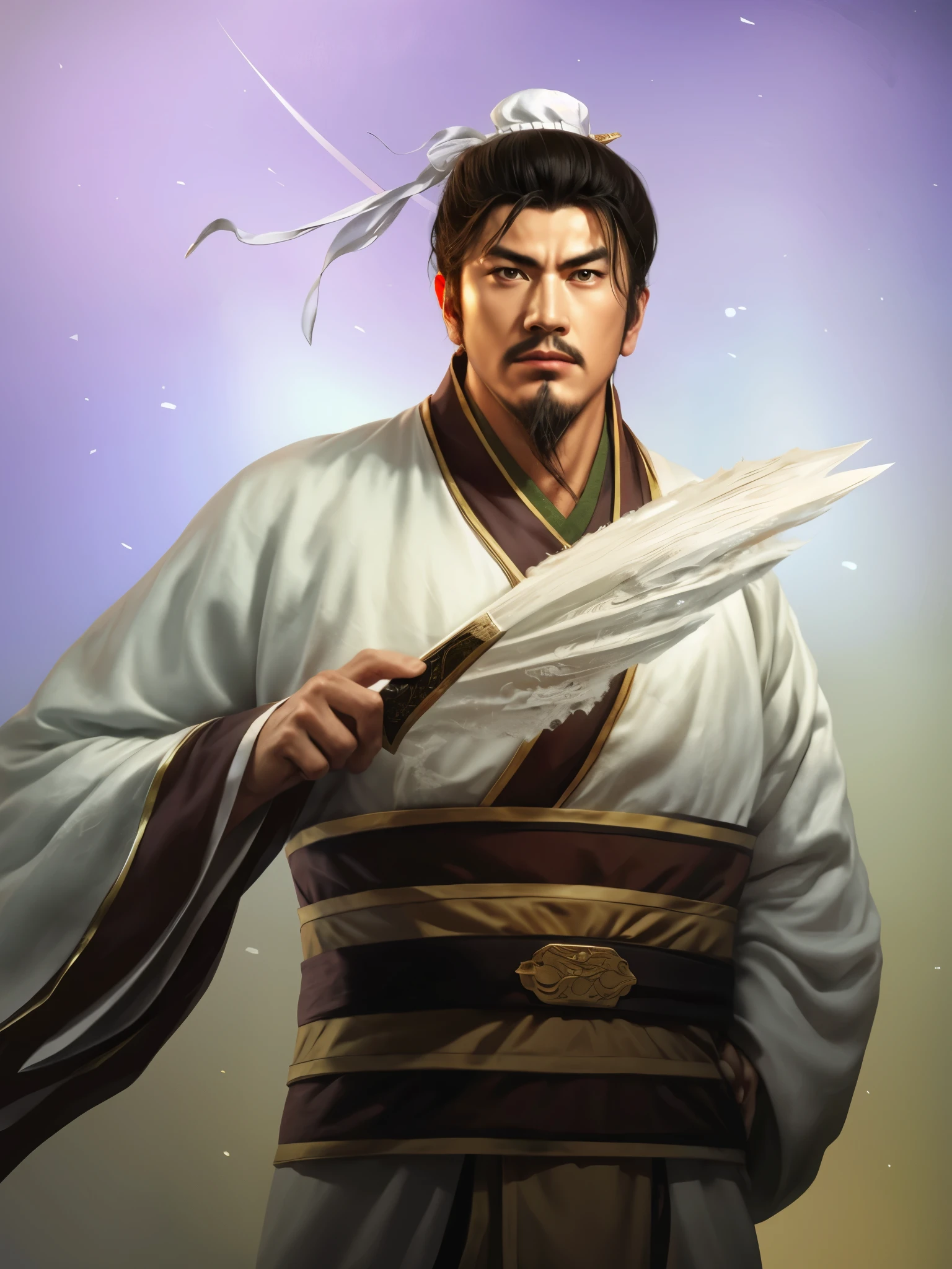 A man in a white robe、Alafud image of a man holding a knife, inspired by Fan Kuan, inspired by Cao Zhibai, zhao yun, heise jinyao, inspired by Guan Daosheng, inspired by Wu Daozi, Inspired by Zhu Derun, Inspired by Zhao Yuan, Inspired by Dong Yuan