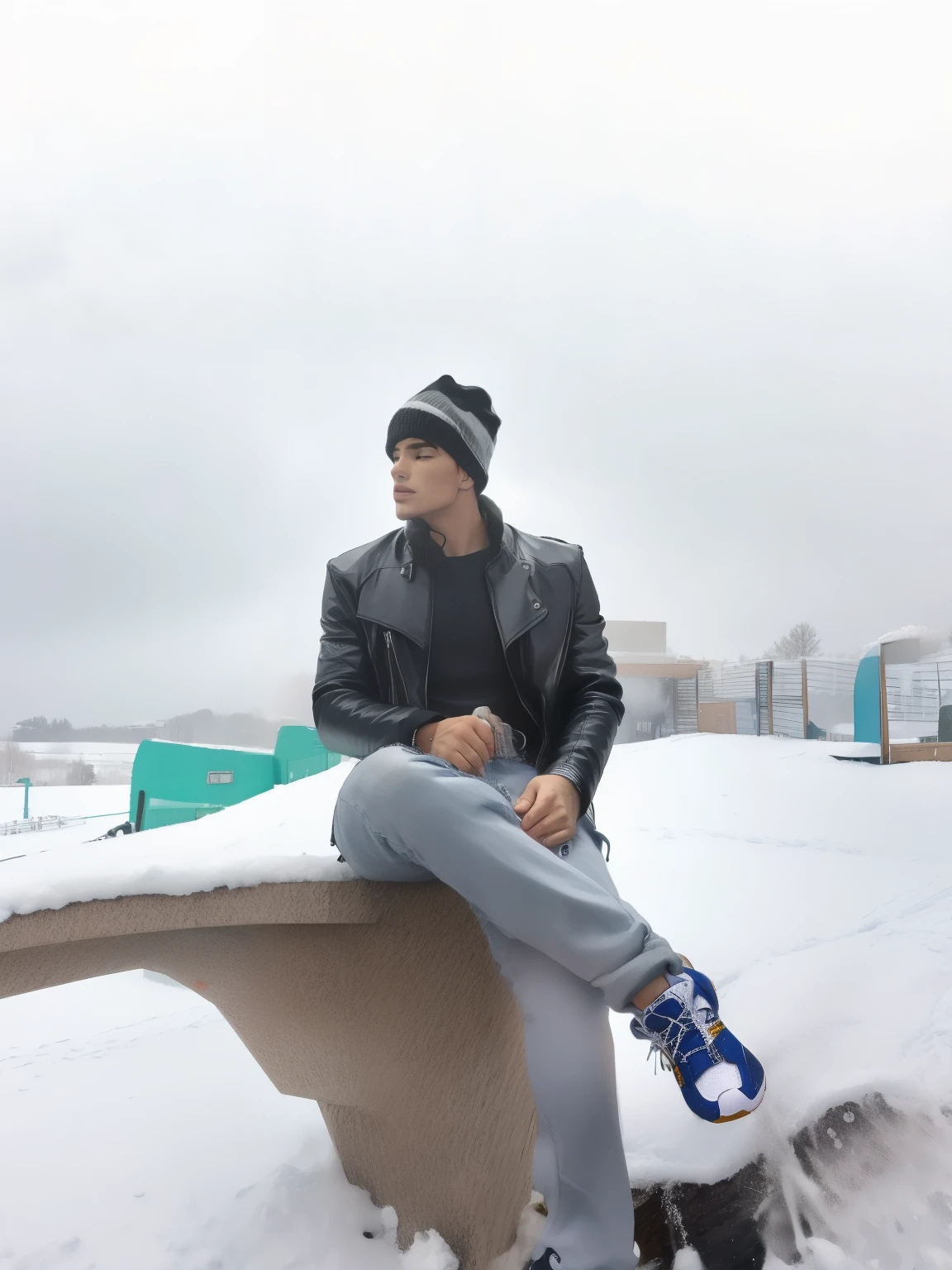 Winter, snow, handsome boy, cool pose, leather jacket, winter outfit, air jordan shoes, best quality, realistic