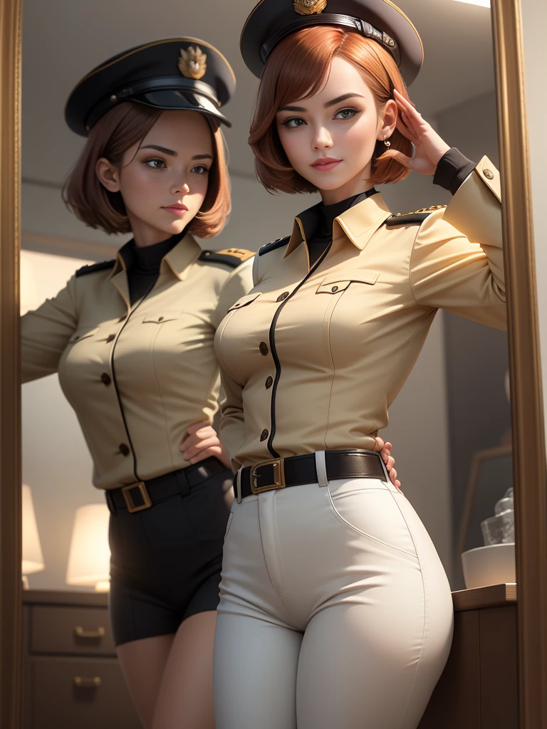 (1 Girl:1.4), (SFW), (wearing clothes), (masterpiece), illustration,(Practical:1.5), (Mirror lighting:1.4), (hyperPractical:1.2), (photoPractical face:1.2), (perfect face), (best quality), (8k), (4K), photoPractical, Sharp focus, Octane Rendering, best quality, Extremely detailed, Wheels within wheels, Super detailed, fantasy, soft light,(Medium breasts:1.4), (Dentate skin:1.3), Matilda Ajan from Gundam, Agent Matilda, Matilda Ajan, look directly at the audience, Tan Uniform, Tan Uniform, Tight off-white pants, slim, Perfect body, Stand Up Straight, Military concerns, military salute, One hand down, tan officer, Sepia military jacket, Sepia buttoned jacket, Perfect hands, officer hat, Sepia hat, warm smile, friendly smile, Gundam in the background, Auburn hair, One hand down, short hair, Thigh clearance