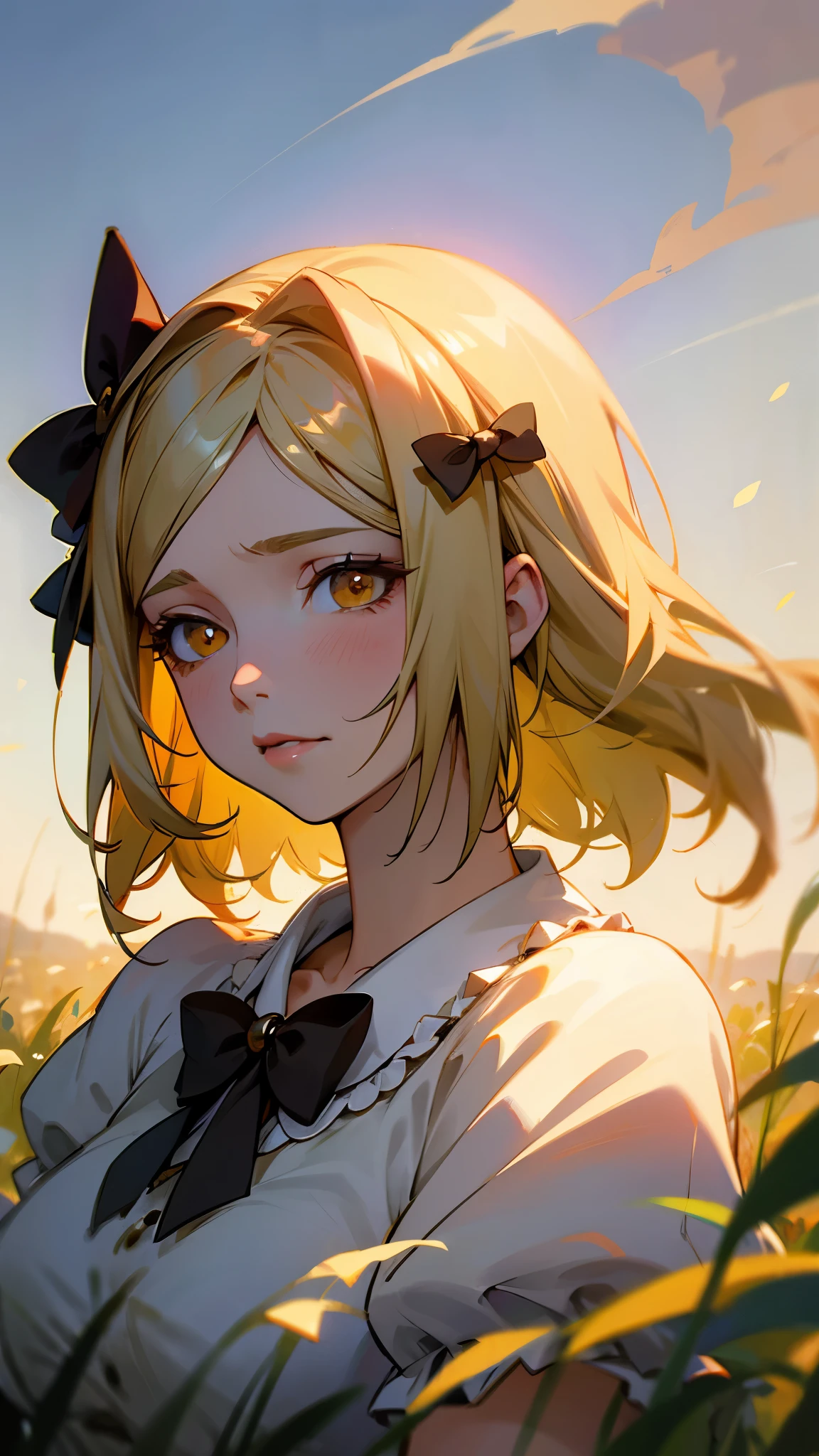 Lambdadelta portrait of a cute woman in a bright windy field, river, (backlighting), masterpiece, highest quality, lens flare, shade, bloom, [[chromatic aberration]], by Jeremy Lipking, by Antonio J. Manzanedo, digital painting, Style-GlassFinal, natural skin texture 