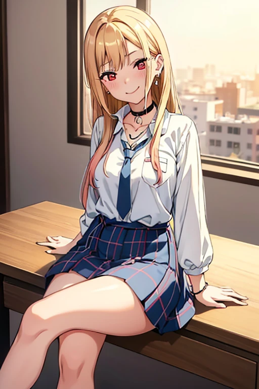 Masterpiece, Best Quality, High Resolutions, Kitagawa Marin, 1girl, alone, blonde hair, Long hair, hair with pink tips, red eyes, jewelry, necklace around the neck, choker, , white collared shirt, shirt long sleeve, dark blue tie, blue skirt plaid, short skirt, bare legs, gal, brown loafers, black stockings, cleavage, ear piercings, large breasts, medium waist, medium hips, wide thighs, bracelet, classroom, sitting at desk, legs crossed, smile ,mouth closed, seductive, embarrassed, excellent hands, excellent anatomy, sunny, sunset, good lighting
