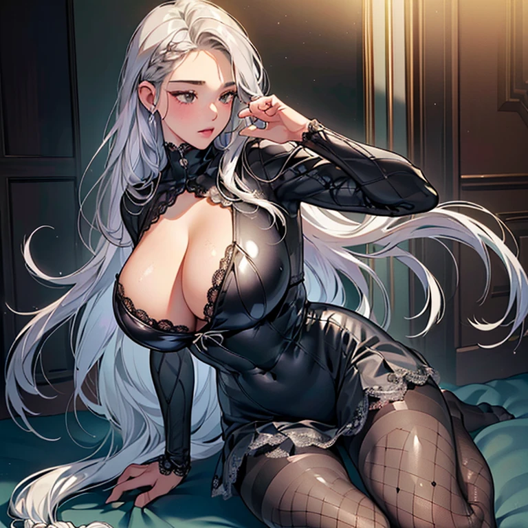 (High resolution)),((Game CG)),(masterpiece),(highest quality), (Very detailed),shape,((Very delicate and beautiful)), , Very embarrassed look,Looking at the audience,(((18-year-old female)),((whole body)),Detailed face and eyes,Jewel-like eyes,(Loosely braided long hair),,,(Super huge breasts,Long and slightly saggy breasts,) Silver hair and black eyes Plump body Transparent rubber suit covering the whole body, long sleeves with lace, mini skirt, black fishnet stockings, skirt lift, skirt lift, covering breasts with both hands, self-portrait