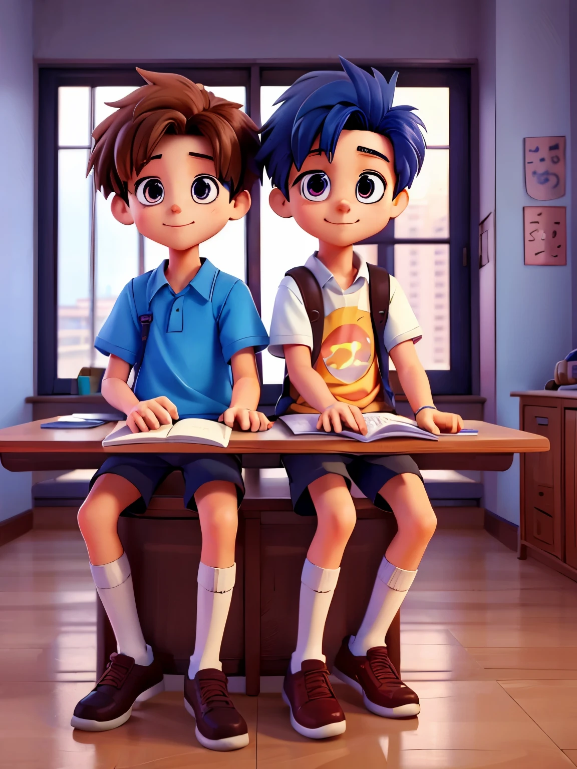 cartoon of two boys sitting at a table with a book and a backpack, ddlc, in the art style of 8 0 s anime, 9 0 s anime style, 90s anime style, in anime style, in an anime style, anime aesthetic, anime vibes, 9 0 s anime aesthetic, 9 0 s anime art style, lofi boy, typical anime classroom, beautiful background window, two cute boys, beautiful faces, two boys, don't extra hands, NO extra hands, generate two boys with NO extra hands, NO extra arm