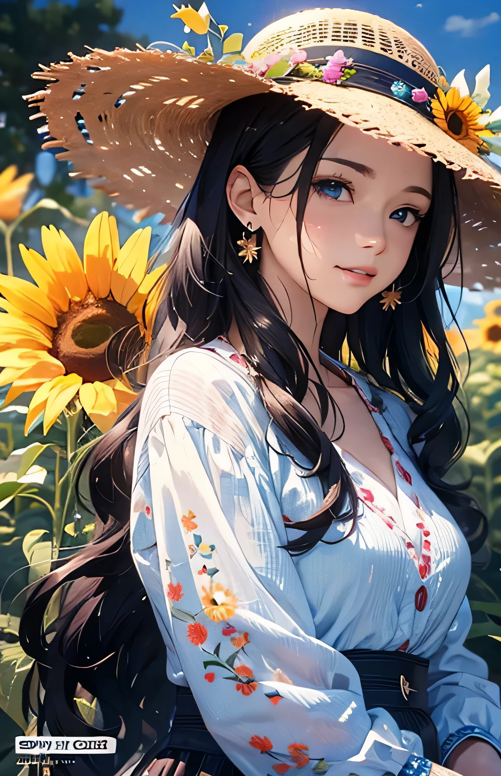 masterpiece、highest quality、High resolution、High-quality images、8k, 1 female、Skin Radiance、Texture of skin and clothing、Expression of fine eyes、Shiny black hair,Girl with long braided hair, Manga inspired by Lee Jong-suk, Trending on deviantart, realism, detailed manga style, Manga art style, Perfect Line Drawing, Beautiful line art, digital manga art girl, K-POPアイドル, dress, Medium breast,Beautiful light blue eyes, Fuller lips, Gorgeous face with attention to detail, (Cute Smile), charm, Innocent, Side view, (Perfectly detailed face), (Beautiful Hands) photorealistic images, Written boundary depth, Princess Hairstyles, sunflower, Straw hat,one piece,wonderful flower garden,Beautiful sunflower,Romanticism,