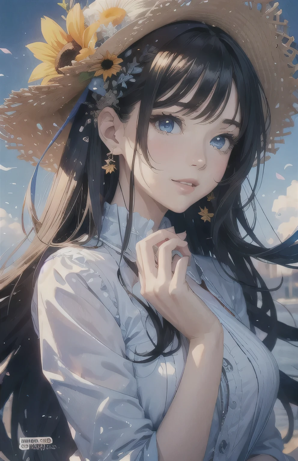 masterpiece、highest quality、High resolution、High-quality images、8k, 1 female、Skin Radiance、Texture of skin and clothing、Expression of fine eyes、Shiny black hair,Girl with long braided hair, Manga inspired by Lee Jong-suk, Trending on deviantart, realism, detailed manga style, Manga art style, Perfect Line Drawing, Beautiful line art, digital manga art girl, K-POPアイドル, dress, Medium breast,Beautiful light blue eyes, Fuller lips, Gorgeous face with attention to detail, (Cute Smile), charm, Innocent, Side view, (Perfectly detailed face), (Beautiful Hands) photorealistic images, Written boundary depth, Princess Hairstyles, sunflower， Straw hat,one piece,wonderful flower garden，Beautiful sunflower，Romanticism,