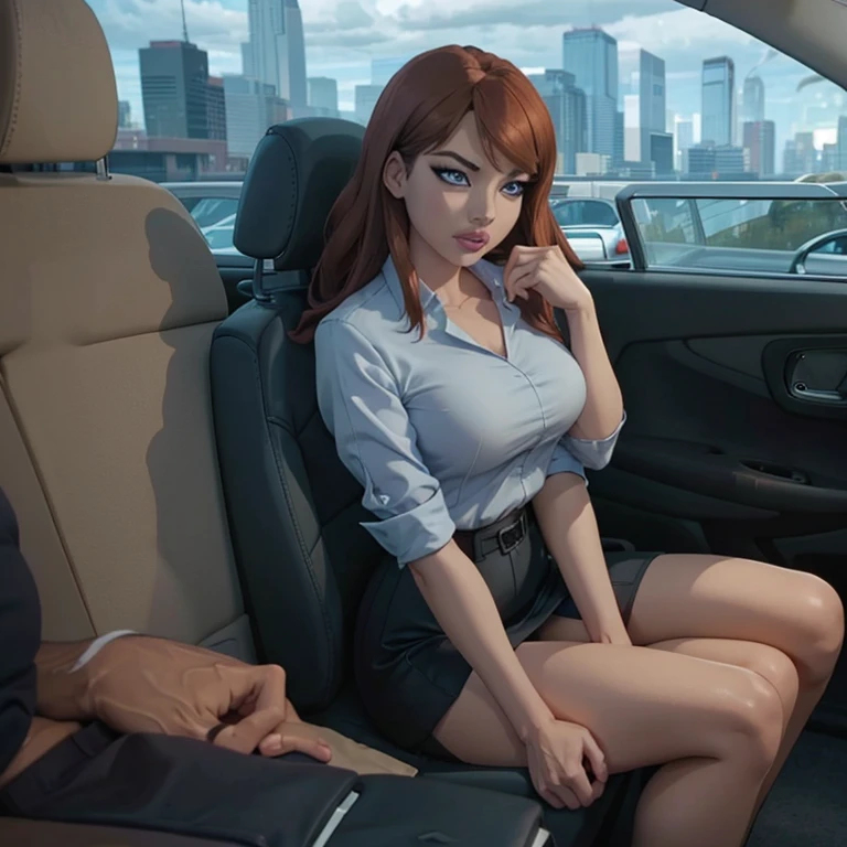 (masterpiece, high quality) woman, formal business suit, shirt, pants, solo , looking at viewer, perfect face, suits tan, tan colour, white shirt,sexy breasts,fit super model body, fit_business_suit s, crystal blue eyes, eyelashes, makeup, skyscraper, full body, she is the boss, ultra quality 4k, super confident, sit like the boss, [From Below, Looking Up][luxury car , red leather interior car , rolls royce] tan colour office suits , flirting grey tight skirt,