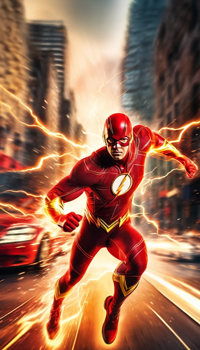 (best quality,4k,8k,highres,masterpiece:1.2),ultra-detailed,(realistic,photorealistic,photo-realistic:1.37),motion blur, motion blur lines,DC's Flash,running fast,speed,blur,superhero,red suit, lightning effect, vibrant colors, intense energy, dust particles, dynamic pose, determined expression, lightning bolt, superhero emblem, dynamic action, power, strength, agility, intense focus, streaks of light, blured background, speed,motion  blured lines, electrifying background, light trails, superheroic motion, streaking across the city, adrenaline-filled scene