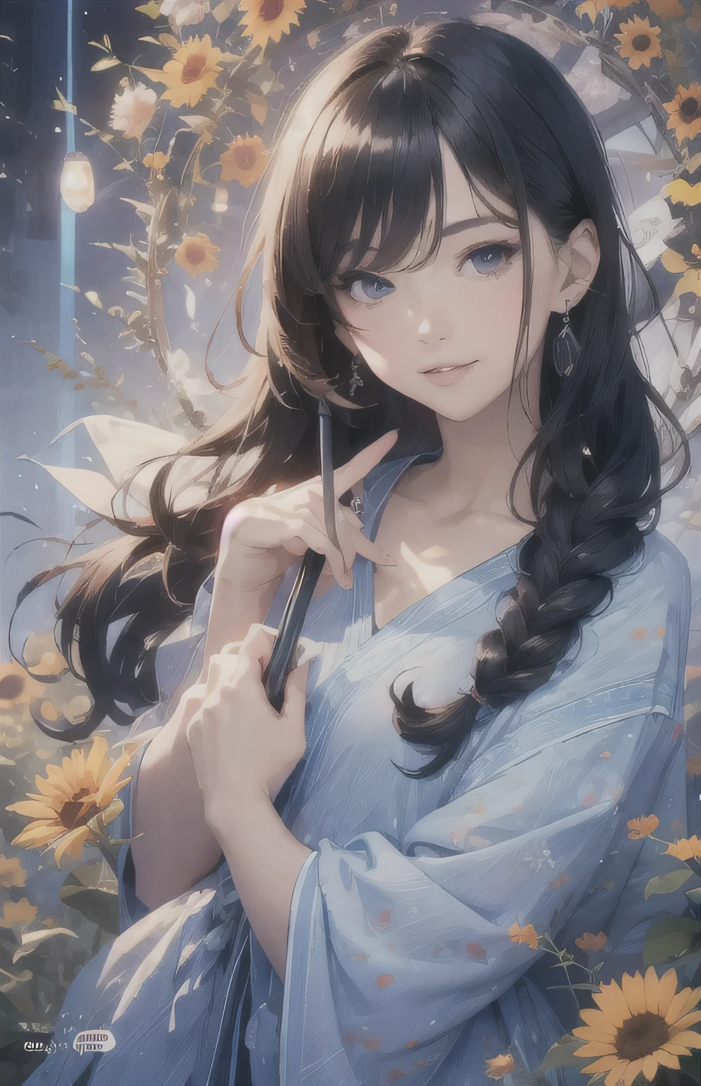masterpiece、highest quality、High resolution、High-quality images、8k, 1 female、Skin Radiance、Texture of skin and clothing、Expression of fine eyes、Shiny black hair,Girl with long braided hair, Manga inspired by Lee Jong-suk, Trending on deviantart, realism, detailed manga style, Manga art style, Perfect Line Drawing, Beautiful line art, digital manga art girl, K-POPアイドル, dress, Medium breast,Beautiful light blue eyes, Fuller lips, Gorgeous face with attention to detail, (Cute Smile), charm, Innocent, Side view, (Perfectly detailed face), (Beautiful Hands) photorealistic images, Written boundary depth, Princess Hairstyles, sunflower， Straw hat,one piece,wonderful flower garden，Beautiful sunflower，Romanticism,