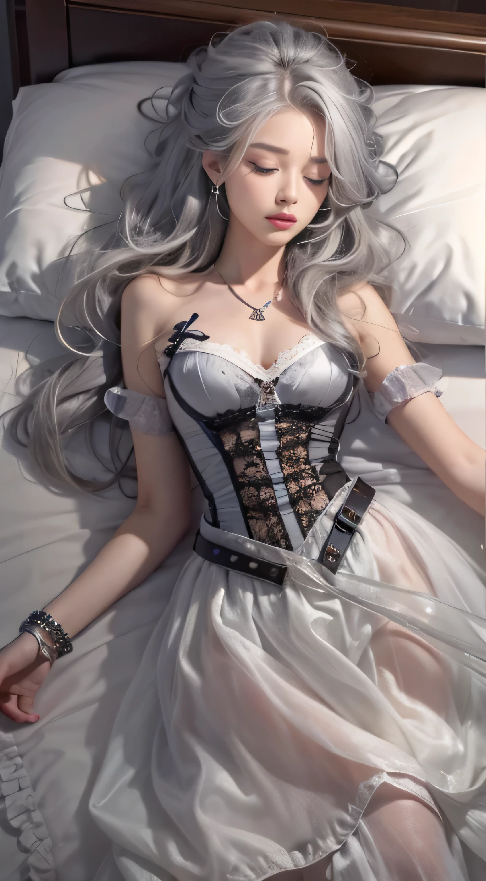 （Woman lying in bed）Realistic, High resolution, 1 Female, alone, raise one&#39;s hips high, Displaying the viewer, (Detailed face), Gray Hair, Long Hair, （Maid clothes）, jewelry、）（Off the shoulder）、（(Without skirt)）、（Under the skirt）（（Black lace panties are visible））（（close your eyes））