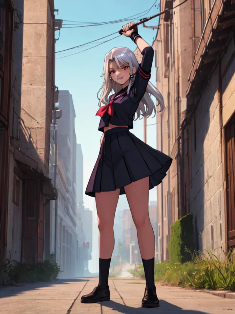 cartoon, sukeban illyasviel_von_einzbern, mature_female, silver hair, holding yoyo, combat pose, full body, flowing hair, hair between the eyes, asymmetrical hair, red eyes, delicate facial features, sukeban deka clothe, looking_at_viewer, outdoors, background tokyo, ((solo girl:1,5))+++++,woman in a 80's sukeban seifuku standing on a set of strees, black , 80's japanese sukeban photo, sukeban seifuku,  80's japan, sukeban, long black skirt, red converse, full body, light skin tone female, full body, tape, arm_support, gloves, red_gloves, bridal gauntlets, blackred_footwear, fighter outfit, full body, hourglass, mature face, cheeky smile, cheeky face, wrinkles,( silver long hair, earrings, ear piercings), (fighting art, Martial arts, standing, fighting_stance, fight, fighting), extra colors, 2D, megapixel, perfectionism, accent lighting, full HD , 4K, masterpiece, empty red eyes,  extra colors, 2D, megapixel, perfectionism, accent lighting, full HD , (Masterpiece:1.2), (full-body-shot:1),(cowboy shot:1.2), (Highly detailed:1.2),(anime Detailed Face:1.2), Colorful, A detailed eye, (Detailed landscape:1.2), (natural lighting:1.2), ((sukeban school teacher)) by Vincent Di Fate: Aidyllery, Anamorphic Shot, rule of thirds, face by Artgerm and WLOP, ((street of rage 4 city backround)), fictive city backround in the style art of street of rage 4,