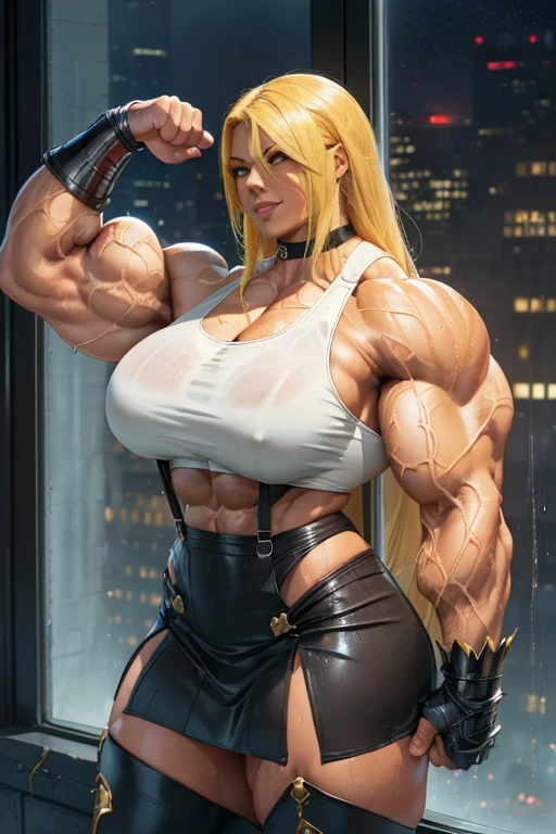 (((((Massive tall, beautiful, buff, wet, brown skinned muscular goddess woman with yellow hair, ginormous bulky muscles, leaning on a window flexing bicep, wearing a black sports bra, black pleated skirt, suspenders))))), close view, (massive muscles), ginormous biceps, (ginormous muscle arms), hyper muscle triceps, (wet skin), (flowing long hair), (iron gauntlets), black thigh high socks, black boots, gray eyes, choker, in the city of Midgar, confidant smile, night,