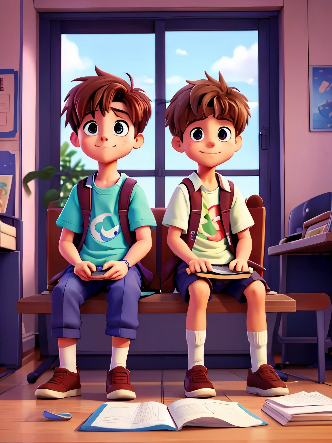 cartoon of two boys sitting at a table with a book and a backpack, ddlc, in the art style of 8 0 s anime, 9 0 s anime style, 90s anime style, in anime style, in an anime style, anime aesthetic, anime vibes, 9 0 s anime aesthetic, 9 0 s anime art style, lofi boy, typical anime classroom, beautiful background window, two cute boys, beautiful faces, two boys, don't extra hands, NO extra hands, generate two boys with NO extra hands, NO extra arm