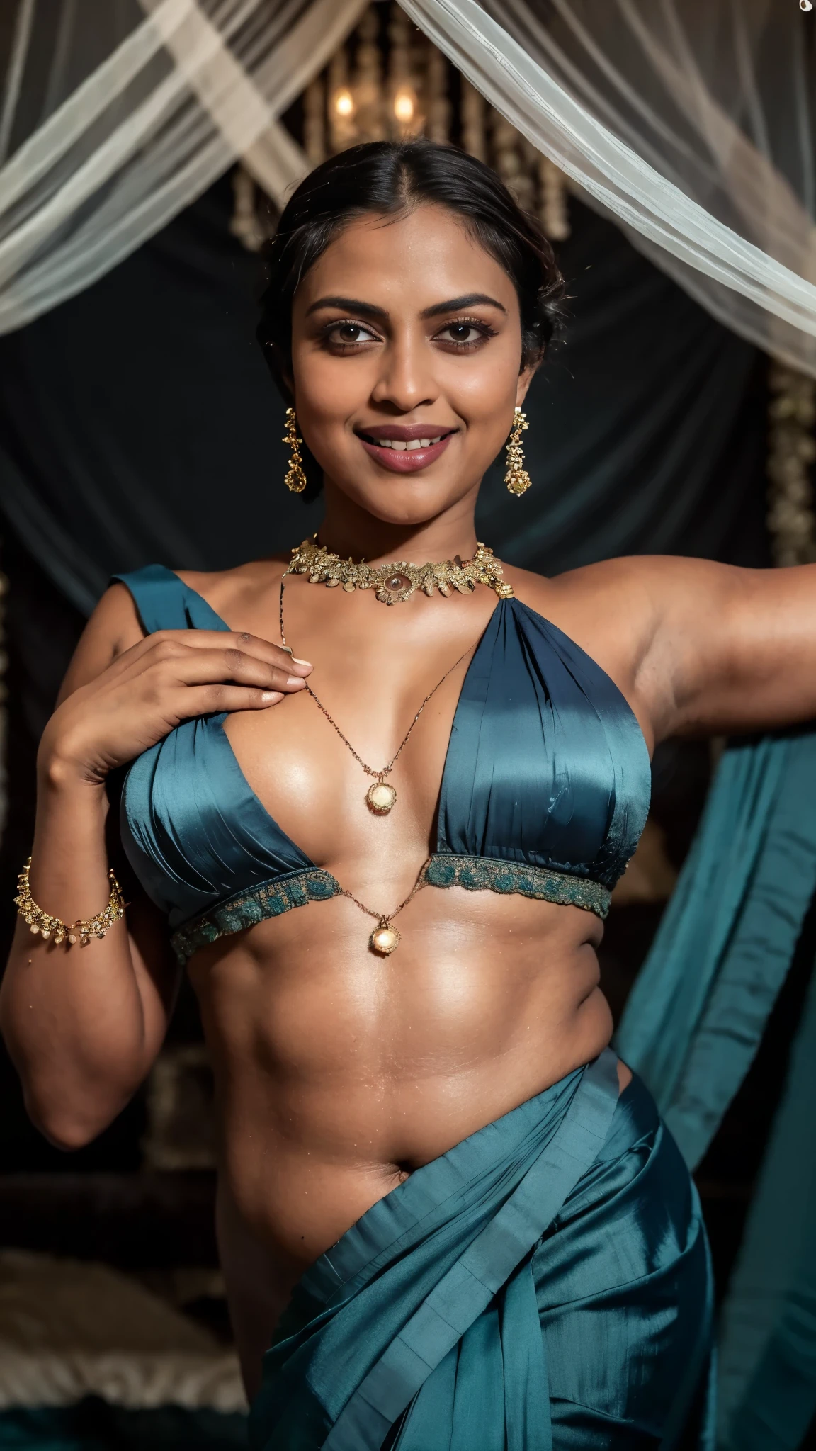 from bottom view, extreme close up photo of naked Amala Paul, big cheeks, hourglass figure, open arms, sexy armpits, doing push ups on bed, smile, blue satin silk saree, necklace, (cinematic:1.3), intricate details, (ArtStation:1.2)