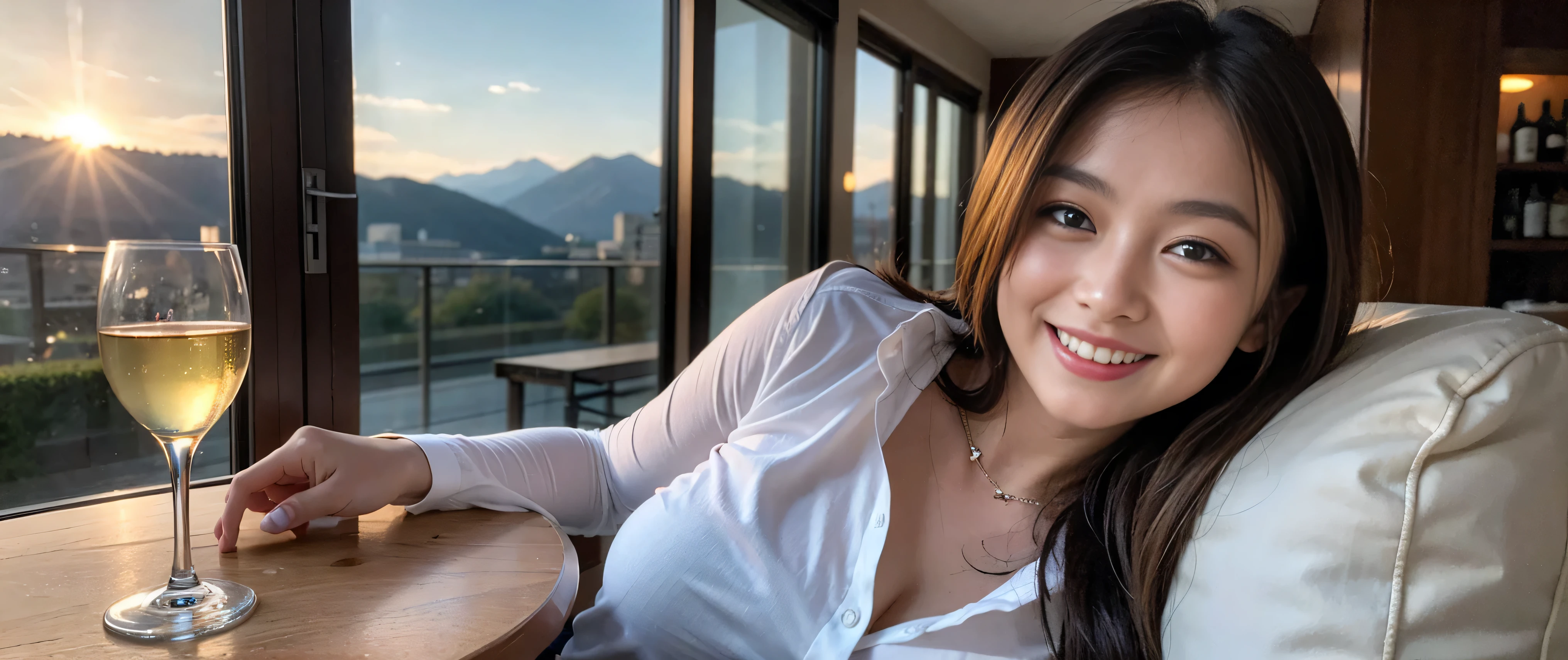 NSFW. ((best quality, 8k, masterpiece:1.3)), a beautiful girl, pure, melon face, gentle and cute, thin figure, (frontal), (tilted head), looking directly into the camera, [Wearing Coat loose opened ::1], [short pants::1],  no bra, no underwear, showing nude breasts,black silky long straight hair, long hair flowing over the shoulders, round black big eyes, clear big eyes, moist red lips, sweet smile, sit in the mat, open leg, hands on knees, Blue sky and white clouds, sunshine, grassland, mountain peaks, northern view of Tibetan grassland