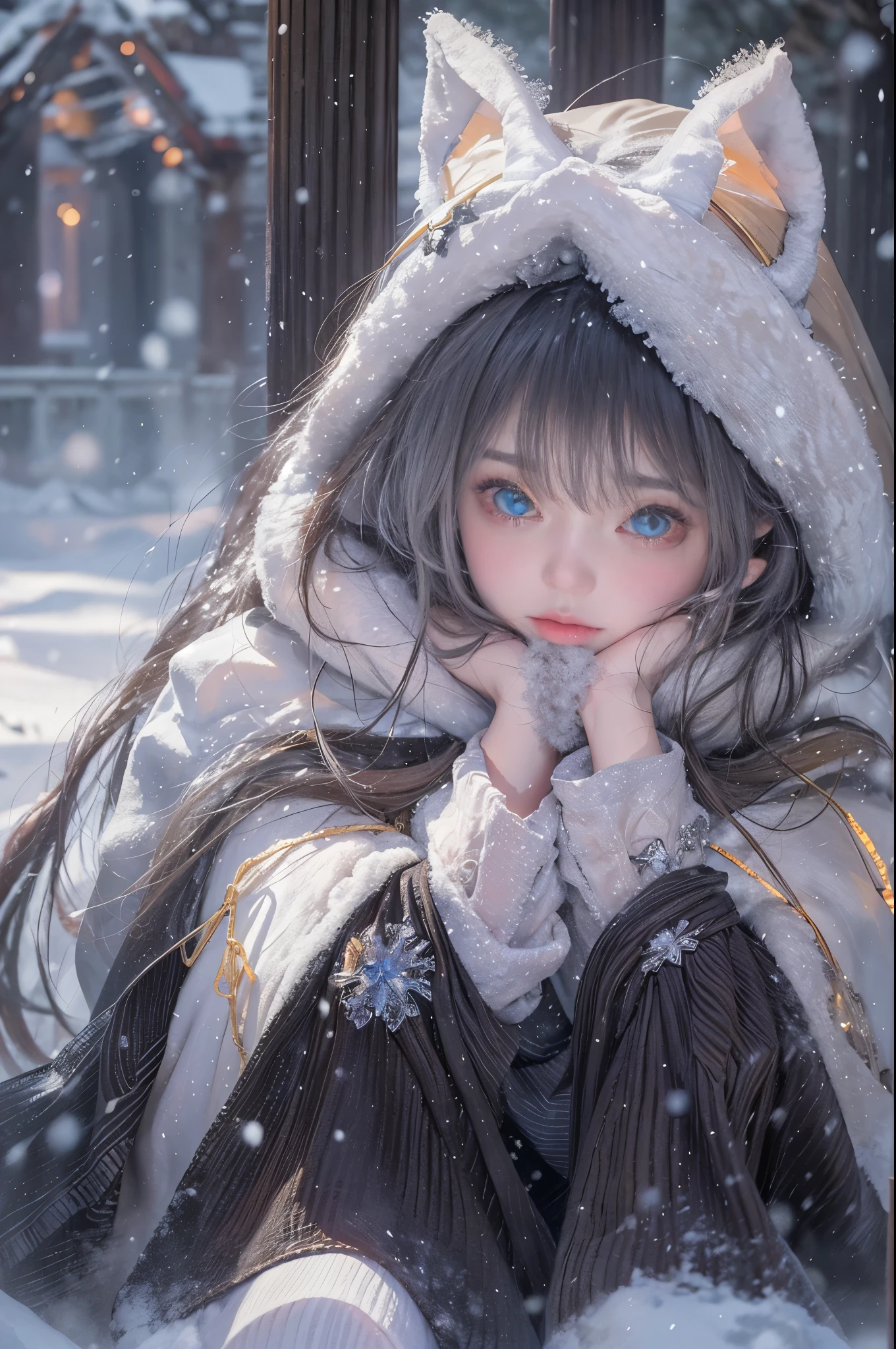 ((Works of masters)),(ultra high resolution),1 girl,Glowing eyes,Tears of sadness, Sitting, Lolita costume,Cloak (Snow, Snow,Outdoor activities in winter:1.2),