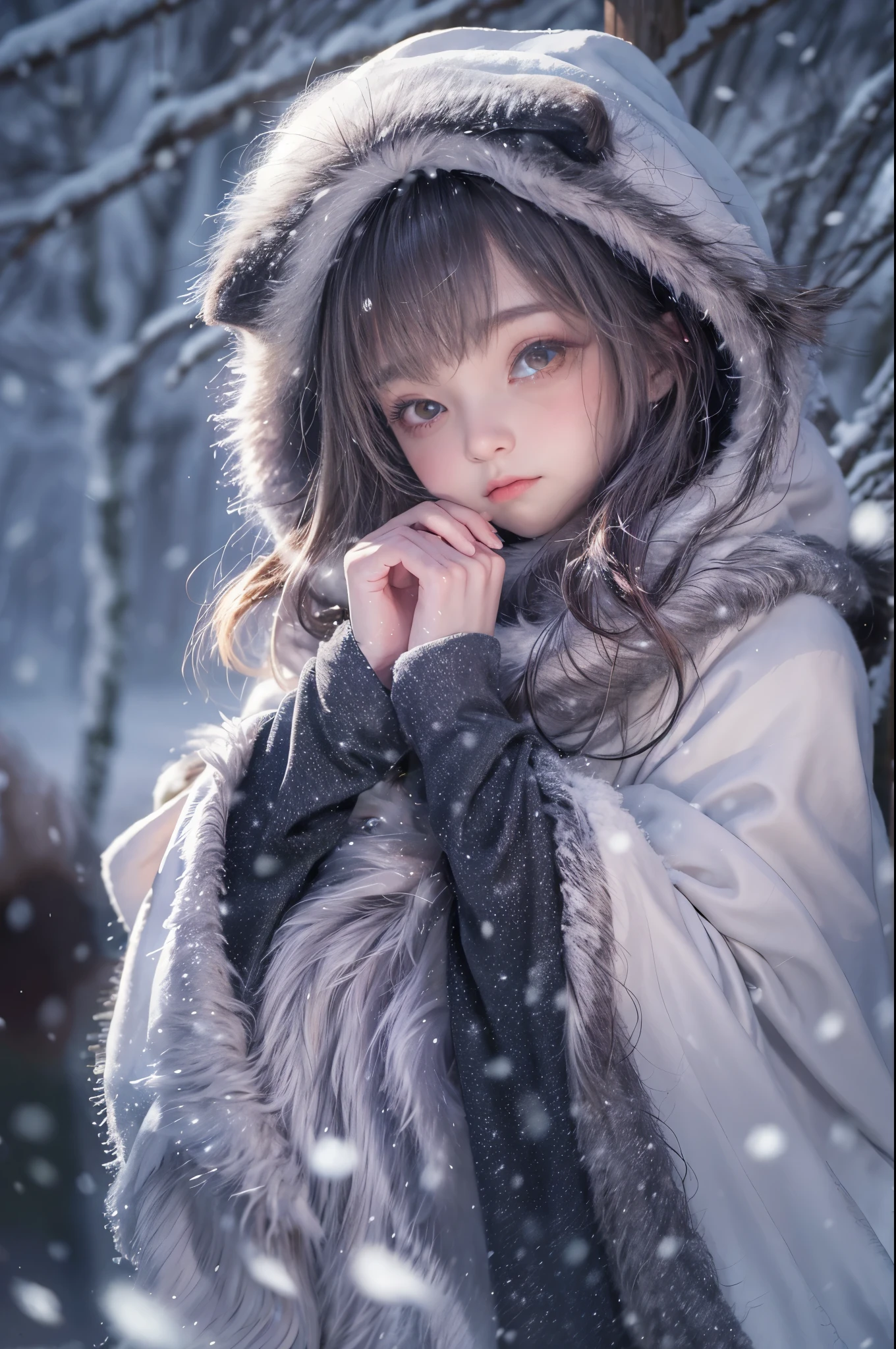 ((Works of masters)),(ultra high resolution),1 girl,Glowing eyes,Tears of sadness, Sitting, Lolita costume,Cloak (Snow, Snow,Outdoor activities in winter:1.2),