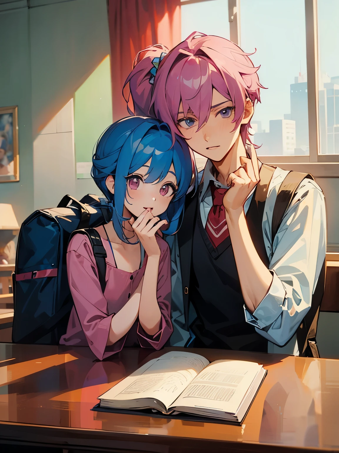 cartoon of two boys sitting at a table with a book and a backpack, ddlc, in the art style of 8 0 s anime, 9 0 s anime style, 90s anime style, in anime style, in an anime style, anime aesthetic, anime vibes, 9 0 s anime aesthetic, 9 0 s anime art style, lofi boy, typical anime classroom, beautiful background window, two cute boys, beautiful faces, two boys, don't extra hands, NO extra hands, generate two boys with NO extra hands, NO extra arm