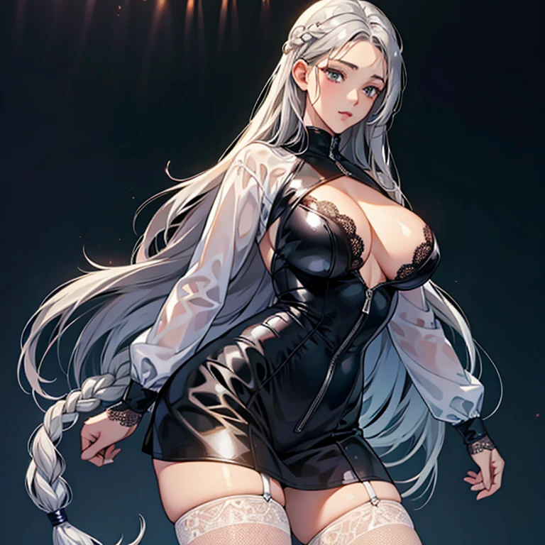 (High resolution)),((Game CG)),(masterpiece),(highest quality), (Very detailed),shape,((Very delicate and beautiful)),　, Very embarrassed look,Looking at the audience,(((18-year-old female)),((whole body)),Detailed face and eyes,Jewel-like eyes,(Loosely braided long hair),,,(Super huge breasts,Long and slightly saggy breasts,）　　Silver hair and black eyes　　　　Plump body　Fully covered transparent rubber suit, long sleeves with lace, mini skirt, black fishnet stockings, rhythmic gymnastics