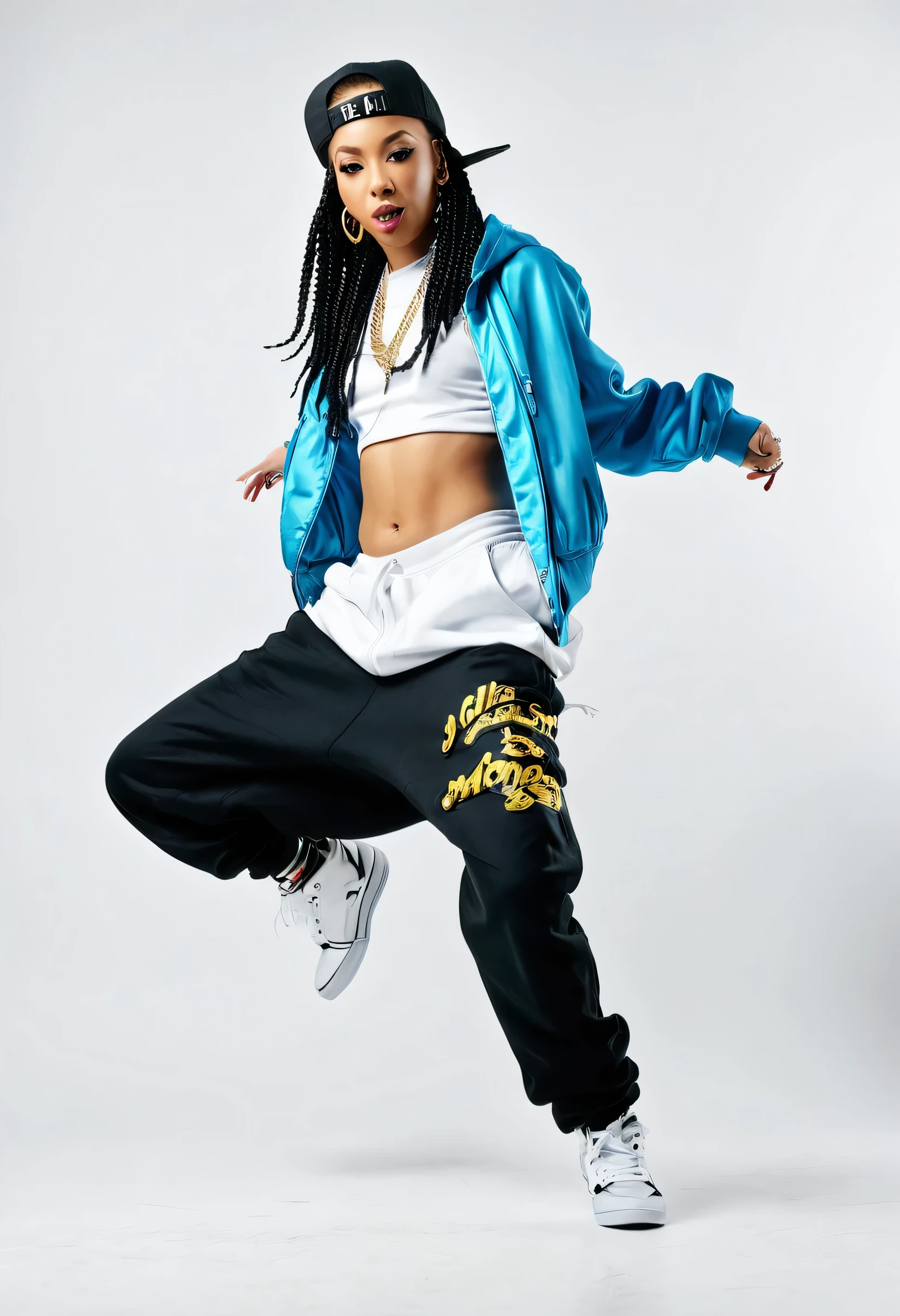 Woman dancing Hip-hop, in hip hop clothing, on a plain white background