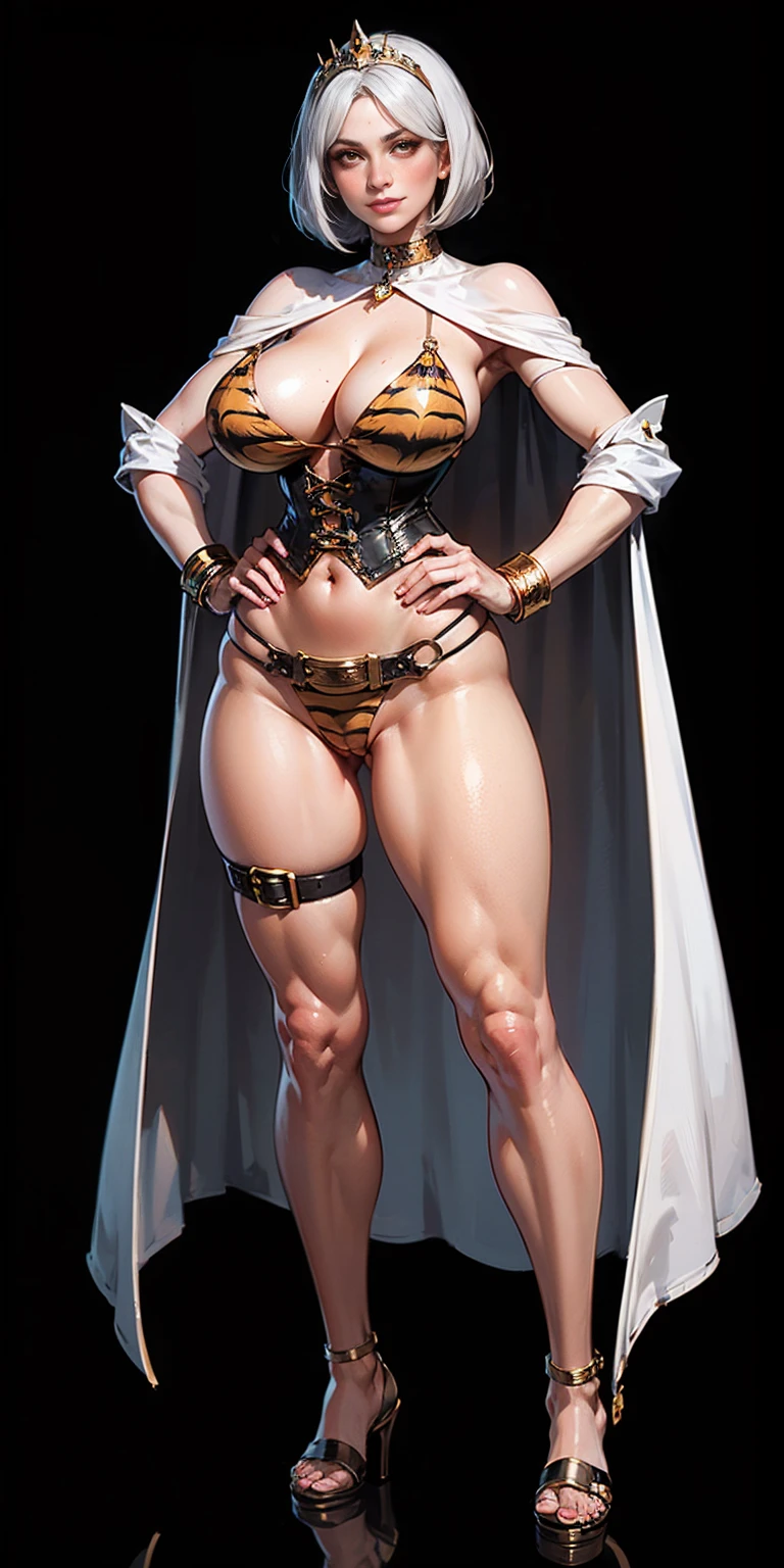 ((BLACK BACKGROUND,1:2, masterpiece)), full body MILF BIMBO standing with two long thighs and two high heels, red eyes, silver white hair, short bob style hair, big breasts, cleavage, separate sleeves, tiara royal, long cape up to two feet, yellow bikini, hands on waist, navel, lustful smirking smiling, smile face (red blushed, red cheeks), metal shoulders, gold sleeveless armbands, black leather choker slave collar, shackle bracelets, slave red crest, full body MILF BIMBO standing with two long thighs and two metal sandals, red eyes, silver white hair, short bob style hair, big breasts, cleavage, separate sleeves, tiara royal, long cape up to two feet, yellow bikini, tiger bikini stripes, hands on waist, navel, lustful smirking smiling, smile face (red blushed, red cheeks), metal shoulders, gold sleeveless armbands, black leather choker slave collar, shackle bracelets, slave red crest, pauldrons, breastplate, corset, eye focus, full body, whole body 1solo slave fighter, loincloth standing, hands on hips, metal sandals, backpack, choker, big belt around waist, view from below, feet together, bracers, tiara)