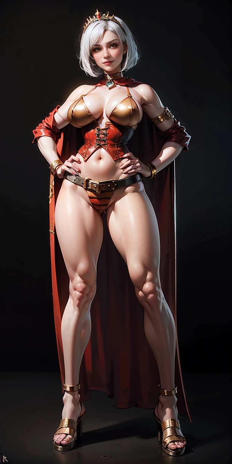 ((BLACK BACKGROUND,1:2, masterpiece)), full body MILF BIMBO standing with two long thighs and two high heels, red eyes, silver white hair, short bob style hair, big breasts, cleavage, separate sleeves, tiara royal, long cape up to two feet, yellow bikini, hands on waist, navel, lustful smirking smiling, smile face (red blushed, red cheeks), metal shoulders, gold sleeveless armbands, black leather choker slave collar, shackle bracelets, slave red crest, full body MILF BIMBO standing with two long thighs and two metal sandals, red eyes, silver white hair, short bob style hair, big breasts, cleavage, separate sleeves, tiara royal, long cape up to two feet, yellow bikini, tiger bikini stripes, hands on waist, navel, lustful smirking smiling, smile face (red blushed, red cheeks), metal shoulders, gold sleeveless armbands, black leather choker slave collar, shackle bracelets, slave red crest, pauldrons, breastplate, corset, eye focus, full body, whole body 1solo slave fighter, loincloth standing, hands on hips, metal sandals, backpack, choker, big belt around waist, view from below, feet together, bracers, tiara)
